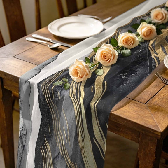 Black Gold Marble 10 ft Cheesecloth Table Runner for Wedding 27"x120", Modern Abstract Art Cloud Wave Lines Stripe Kitchen Dinner Sheer Tulle Chiffon Dresser Scarf, Holiday Party Decorations