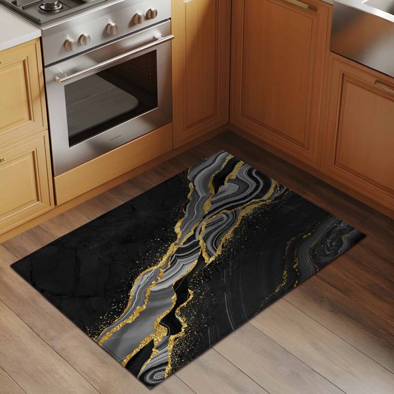 Black Gold Marble 2x3 Rug for Entryway Front Door Kitchen Sink Area, Grey Luxury Modern Abstract Wave Texture Low Pile Washable Non Slip Rectangle Area Rug