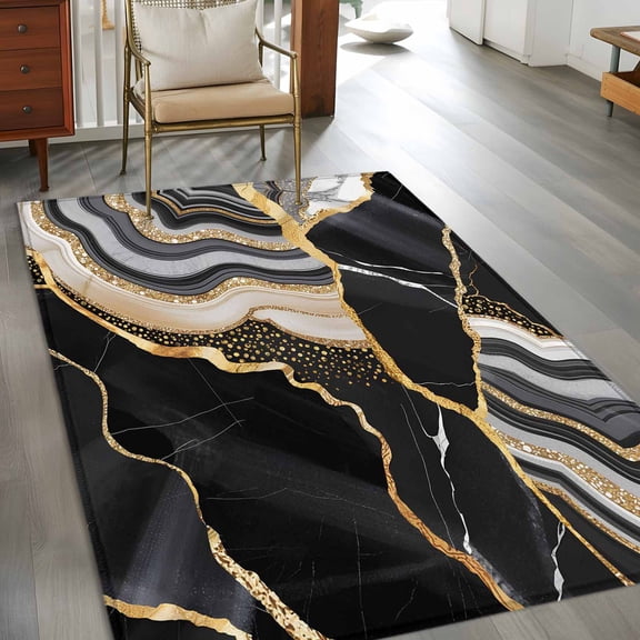 Black Gold Marble 3x5 Rug for Bedroom Foot of Bed Small Living Room, Glitter Geometric Marble Foil Texture Washable Non Slip Rectangle Area Rug