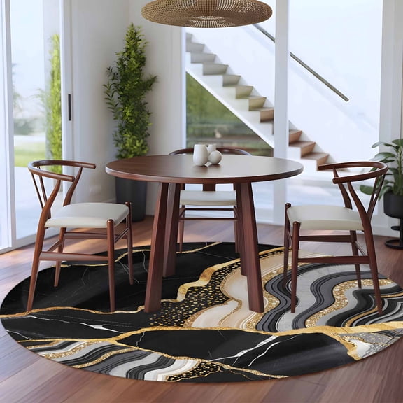 Black Gold Marble 5ft Round Rug for Dining Table for 4 People Under Table Placement, Glitter Geometric Marble Foil Texture Washable Non Slip Circle Area Rug