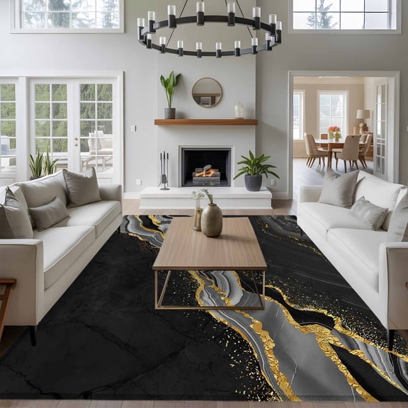 Black Gold Marble 8x10 Area Rug for Living Room Sectional Sofa, Grey Luxury Modern Abstract Wave Texture Washable Non Slip Large Rectangle Area Rug