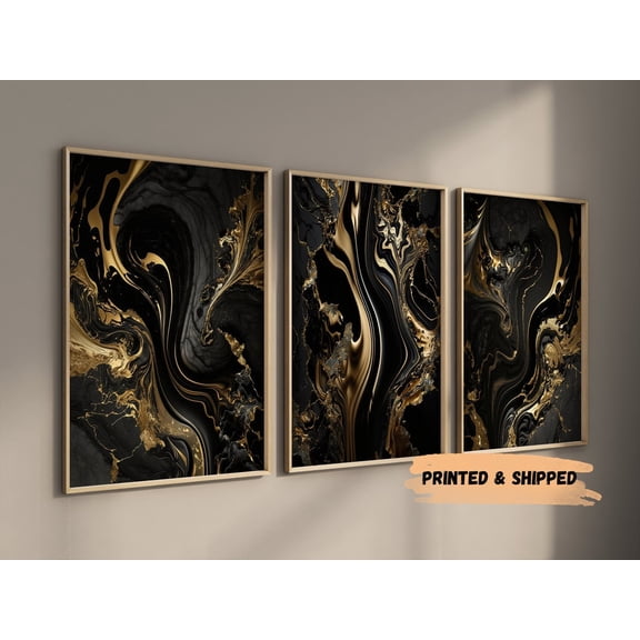 Black Gold Marble Abstract Wall Art Set 3 Unframed Paper Print 20x30