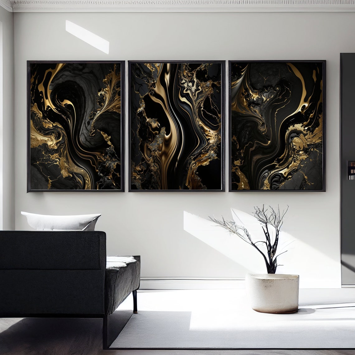 Black Gold Marble Abstract Wall Art Set 3 Unframed Paper Print 8x12