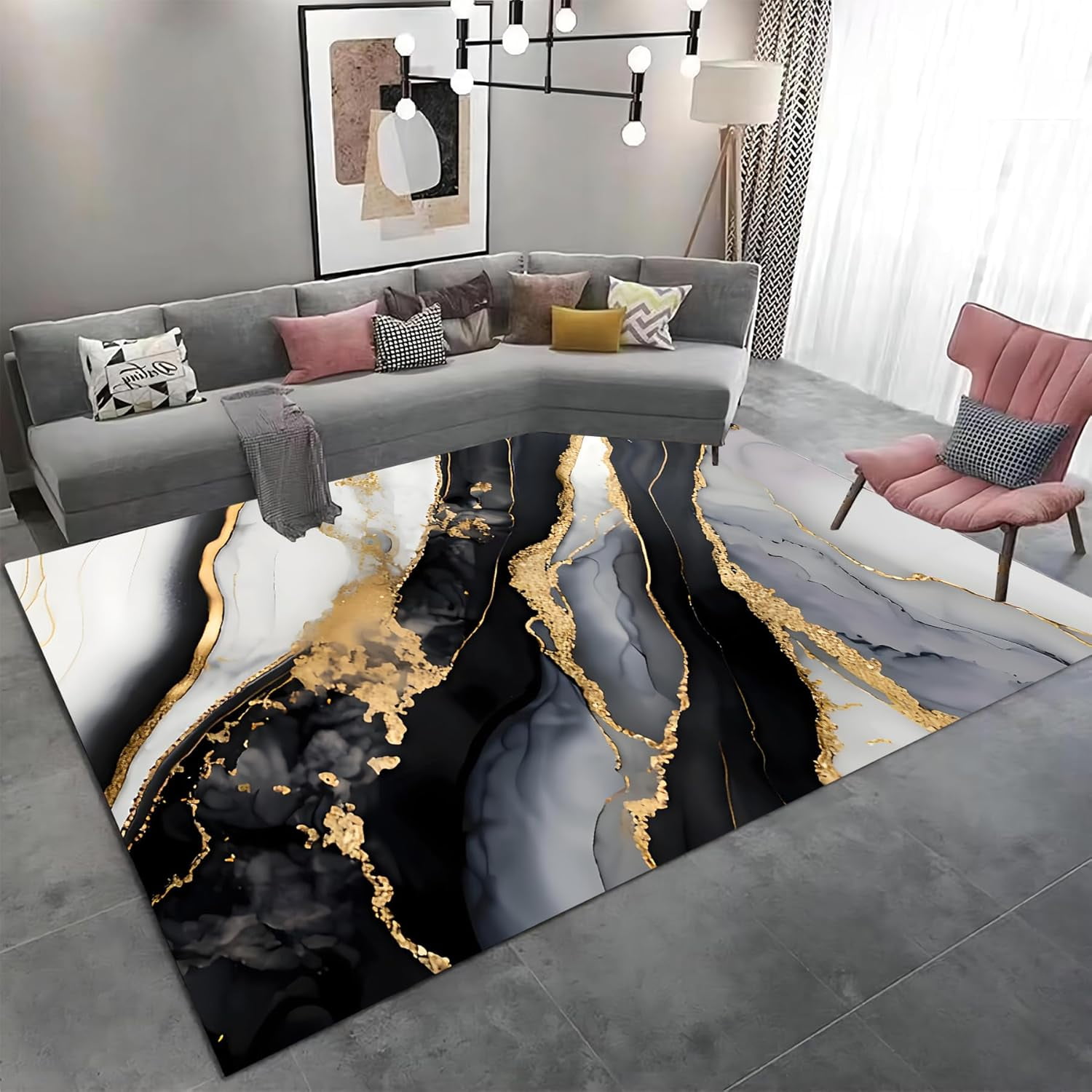 Black Gold Marble Area Rug Abstract Soft Marble Pattern Rug Bathroom ...
