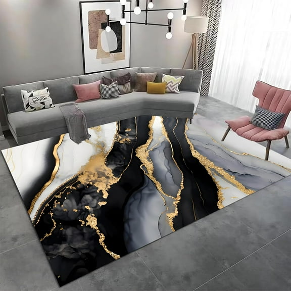 Black Gold Marble Area Rug Abstract Soft Marble Pattern Rug Bathroom Rrug Non-Slip Design Laundry Room Runner Rug-Functional And Stylish Rug For Utility Spaces 5x7ft