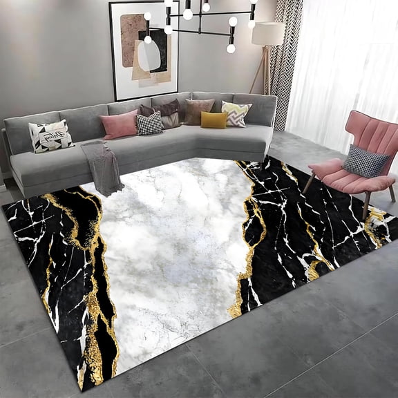 Black Gold Marble Area Rug Abstract Soft Marble Pattern Rug Girls Boys Rug Cozy And Soft Geometry Rugs For Living Room-Modern And Chic Area Rug For Home Decor 5x7ft