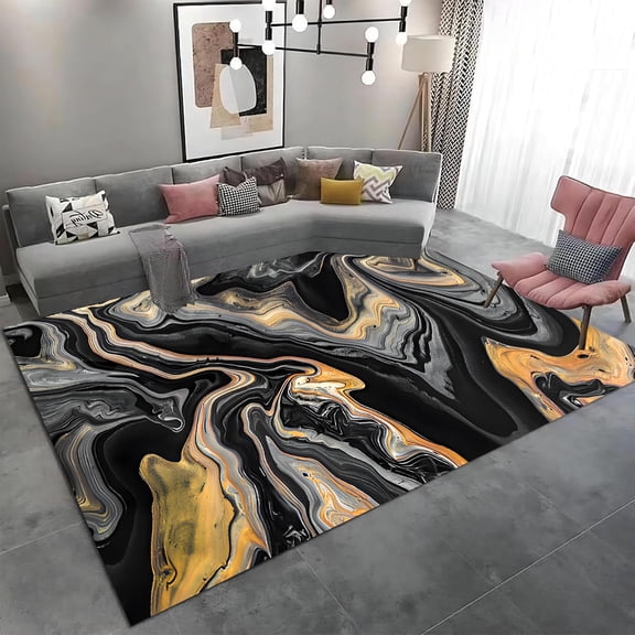 Black Gold Marble Area Rug Abstract Soft Marble Pattern Rug For Hallway Versatile And Multifunctional Rugs For Living Room, Bedroom, Kitchen-A Rug For Every Room 5x7ft