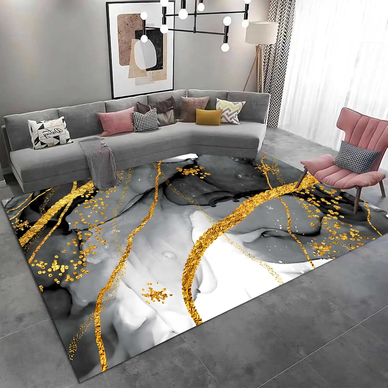 Black Gold Marble Area Rug Abstract Soft Marble Pattern Rug Living Room ...