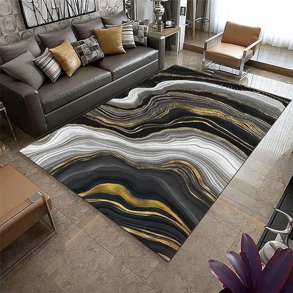 Black Gold Marble Area Rug,Luxury Glitter Gold Wave Texture Indoor Rug,Modern Art Floor Mat, Abstract Rug,Non-Slip Washable Carpet For Bedroom,Living Room,Study,Office 5x7ft