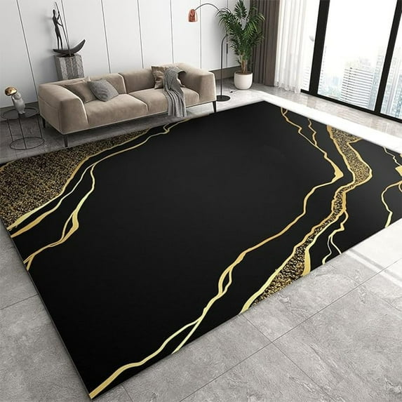 Black Gold Marble Area Rug, Luxury Gold Geometry, Machine Washable, Non-Slip Backing, Large Carpet For Living Room, Dining Room, Home Office 3x4ft