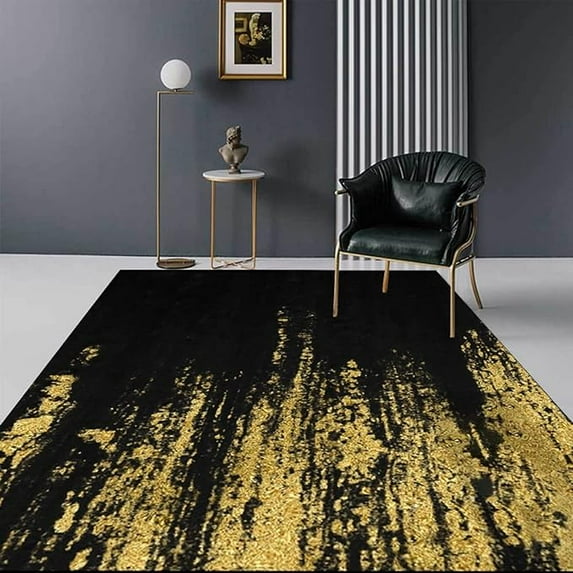 Black Gold Marble Area Rug, Modern Abstract Living Room Rugs, Easy-Cleaning Anti Slip Carpet For Indoor Hallway Dining Room Entryway Home Decor 4 x 5ft