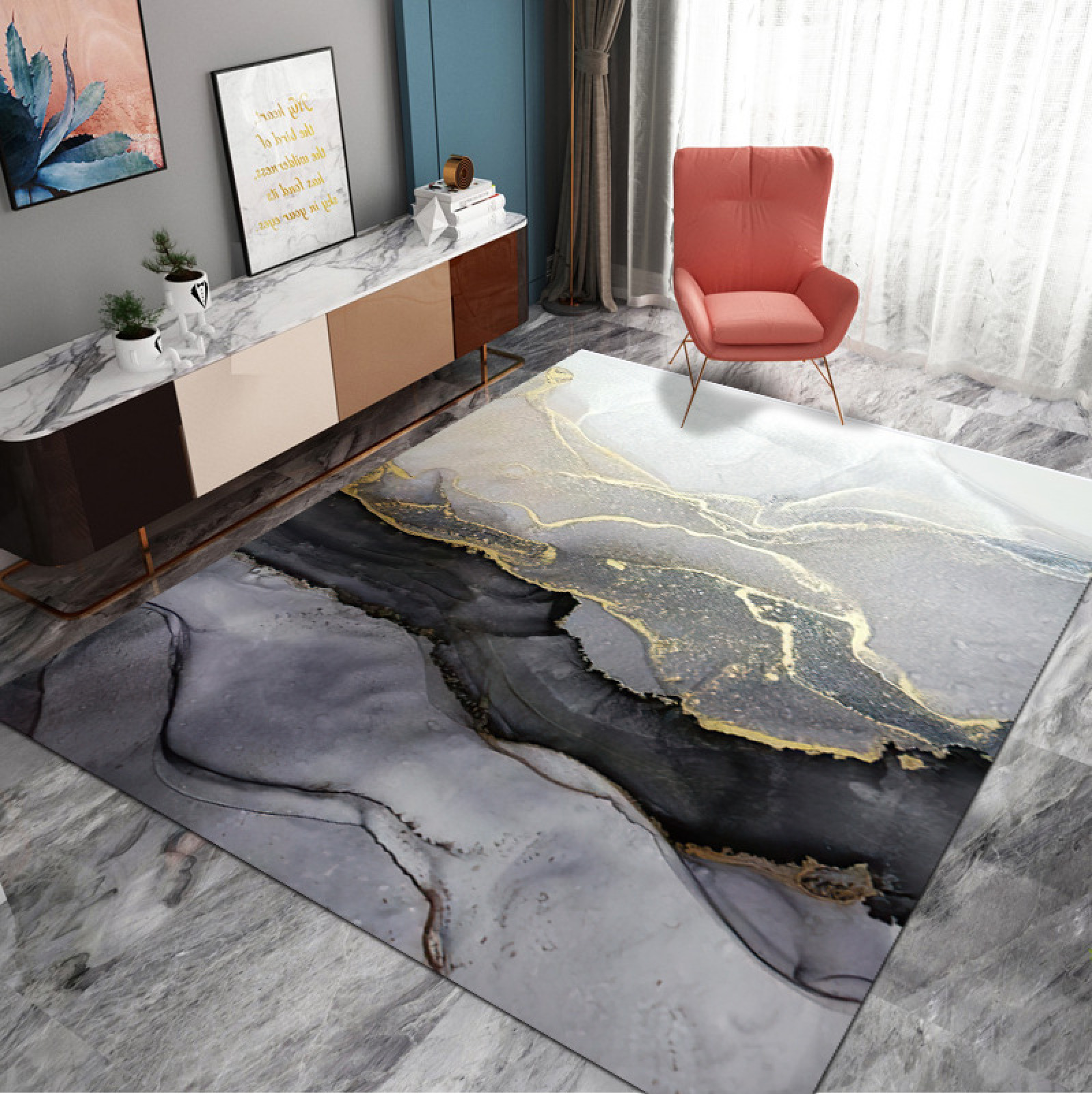 Black Gold Marble Area Rug, Simple Abstract Art Carpet, Marble NonSlip