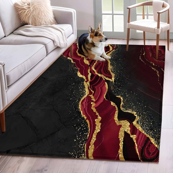 Black Gold Marble Area Rugs 4x6 ft Rose Red Luxury Modern Abstract Texture Washable Rug Non Slip Indoor Carpet Absorbent Floor Mat for Living Room Bedroom Dining Room