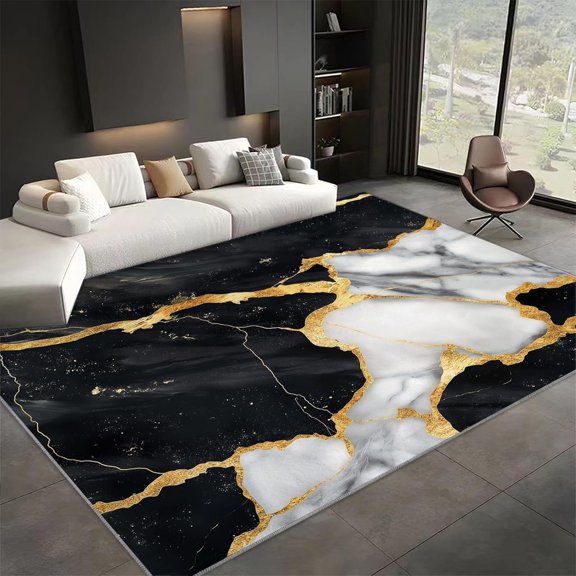 Black Gold Marble Area Rugs, Luxury Stone Carpet, Washable Non Slip Low Pile Soft Rug for Living Room Bedroom Office Dining Room Home Decor Mat 5x8ft