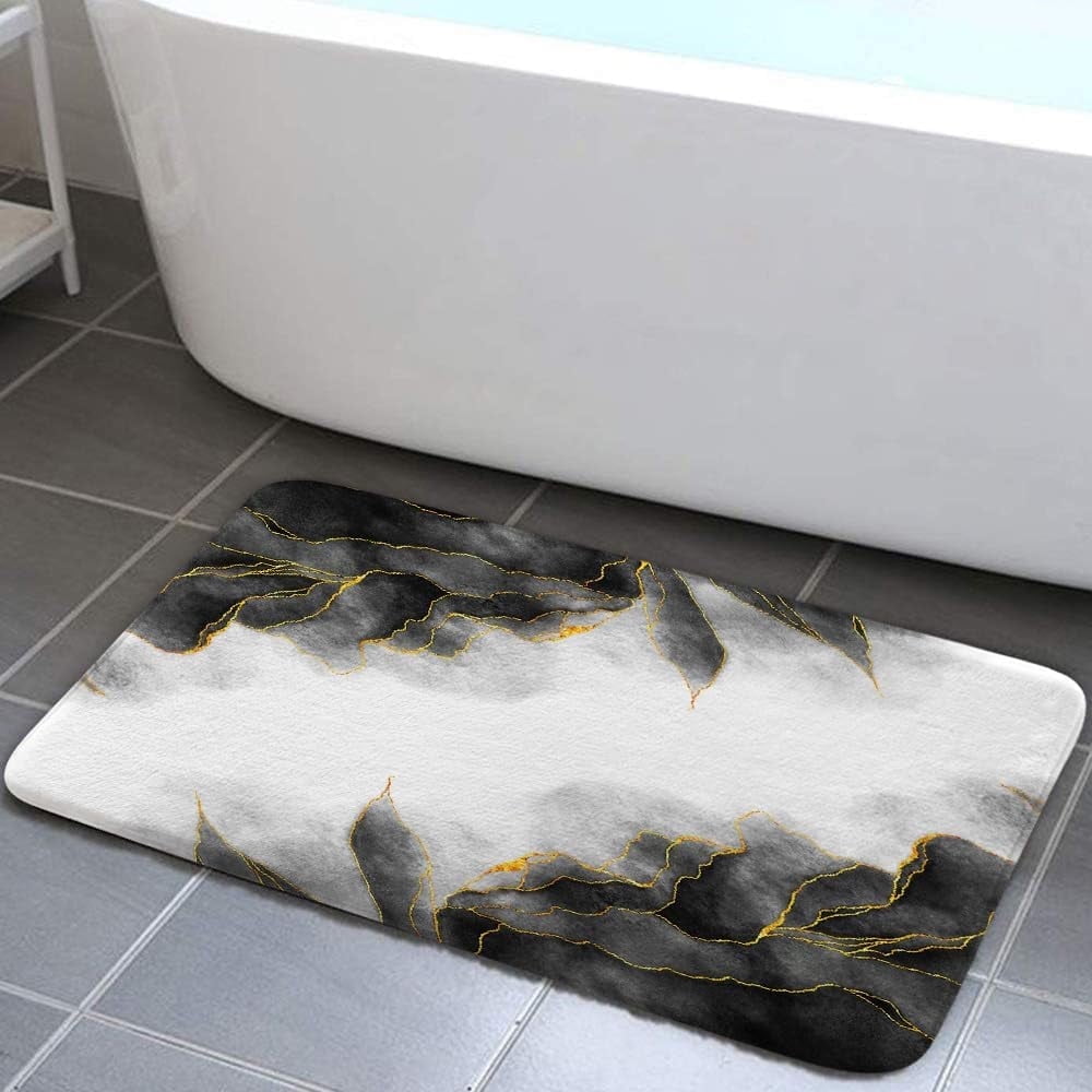 Black and Gold Marble Bath Mat for Bathroom, Modern Abstract Dark Grey Gray White Floor Rugs Mats Non Slip Cute Ombre Bathroom Decor Accessories 17X29 Inches Kitchen Bedroom Indoor