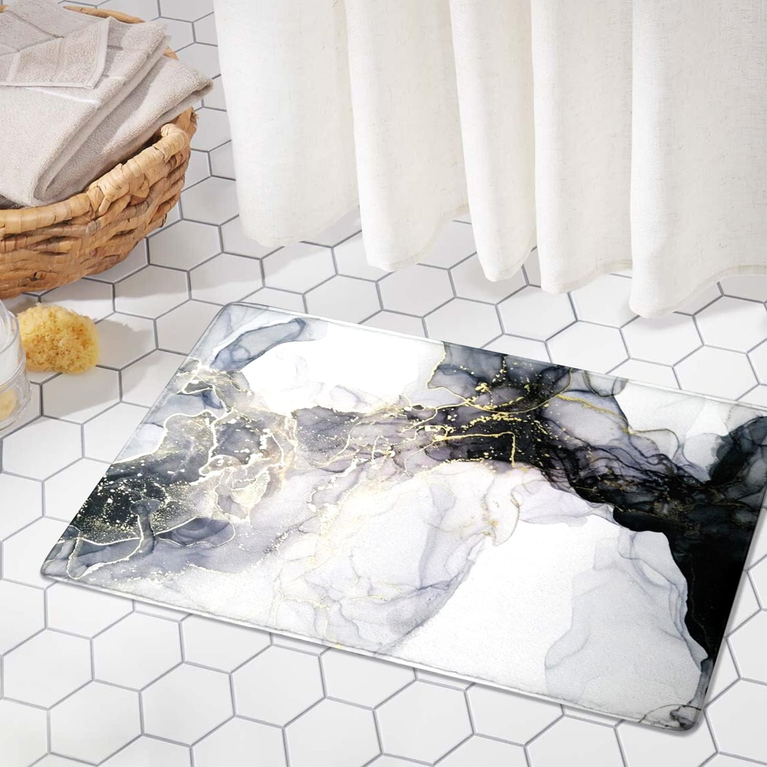 Black Gold Marble Bath Mat For Bathroom, NonSlip Soft Absorbent Bath