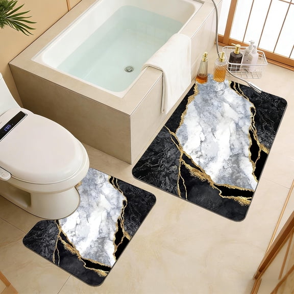 Black Gold Marble Bathroom Mats Rugs Sets 2 Piece, Abstract Bath Mat Quick Dry Thin Rubber Back Diatomaceous Earth Rugs with U-Shaped Contour Toilet Mat for Bathroom Decor Floor Shower Room