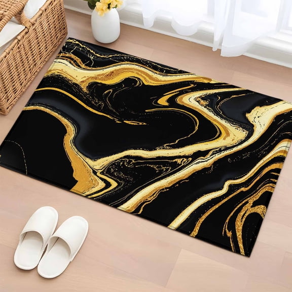 Black Gold Marble Bathroom Rug Washable 2x3 Entryway Rug Non Slip Modern Geometric Textured Front Door Mat Low Pile Indoor Doormat Throw Floor Carpet for Kitchen Bedroom Entrance