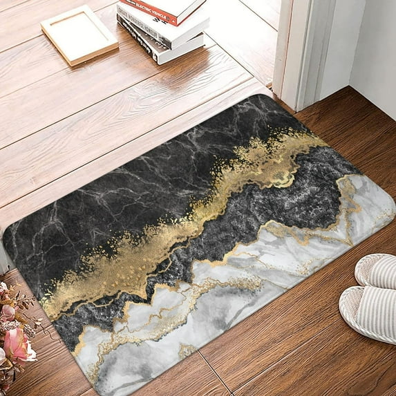 Black and Gold Marble Bathroom Rugs Bath Mats, Soft Absorbent Bath Rug Non-Slip Floor Rug Carpets for Kitchen Bathroom Laundry Bedroom Living Room Decoration