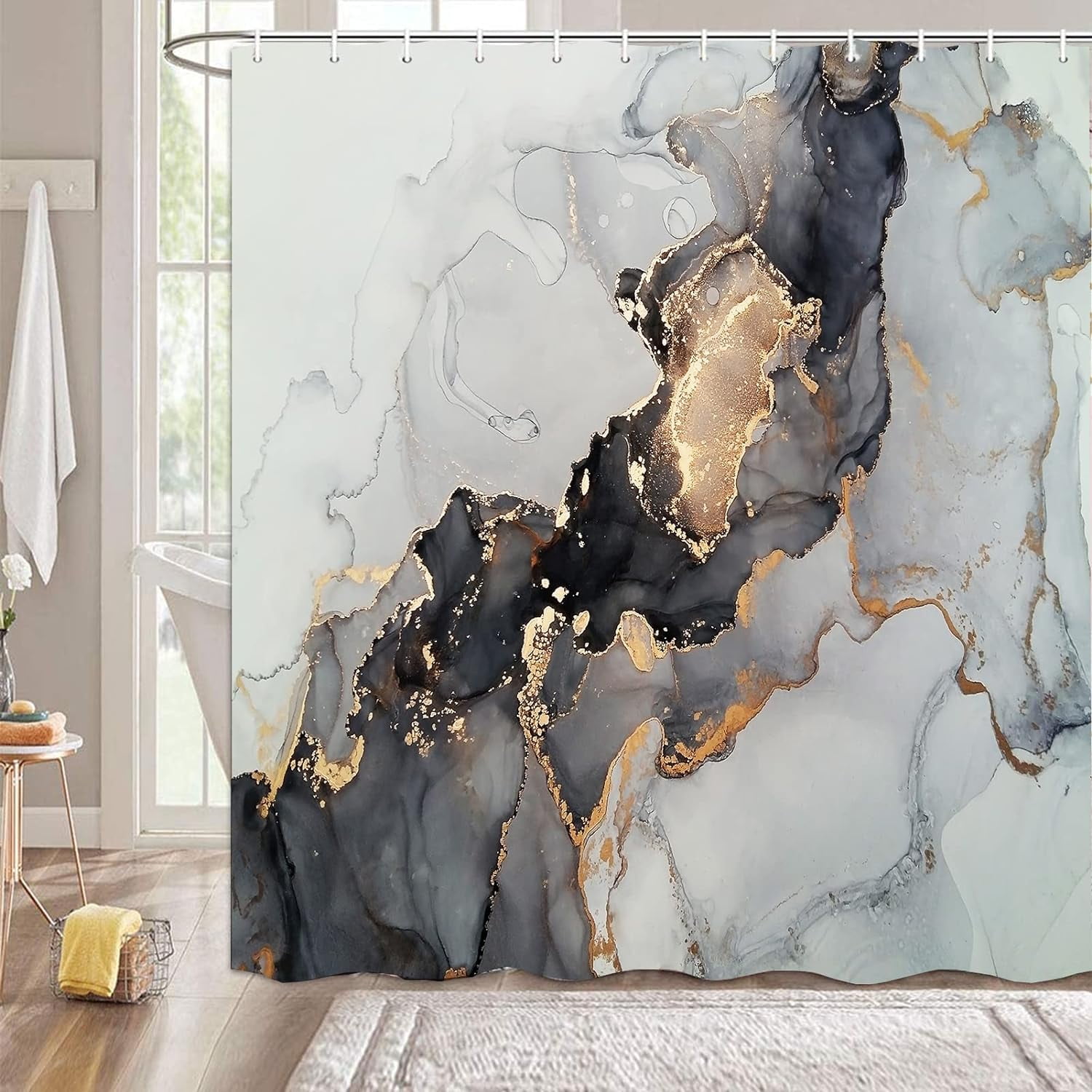 Black and Gold Marble Bathroom Shower Curtains Set,Luxury Abstract Fluid Art Ink Waterproof ...
