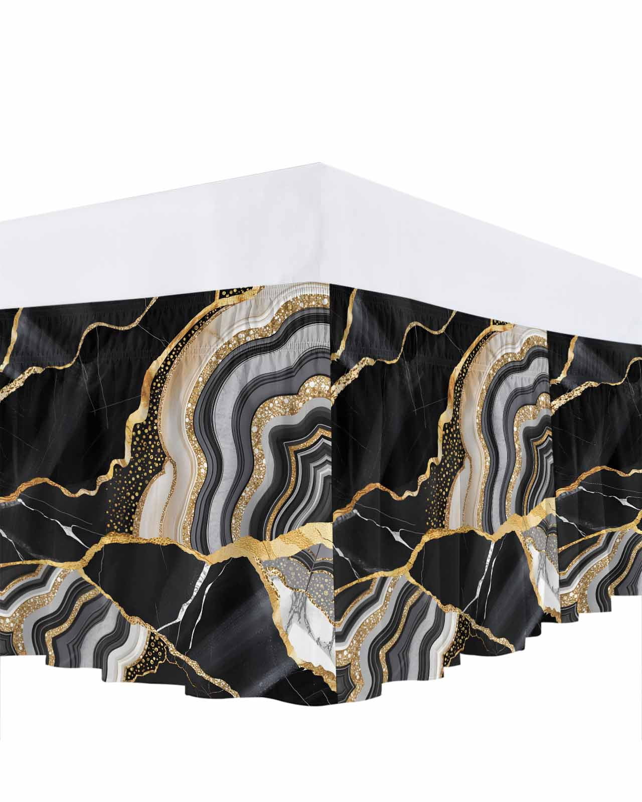 Black Gold Marble Bed Skirt Glitter Geometric Marble Foil Texture Bed Skirts King Size 16 Inch Drop, Wrap Around Dust Ruffle&nbsp;Bedskirt with Adjustable Elastic Belt for Queen Size Beds