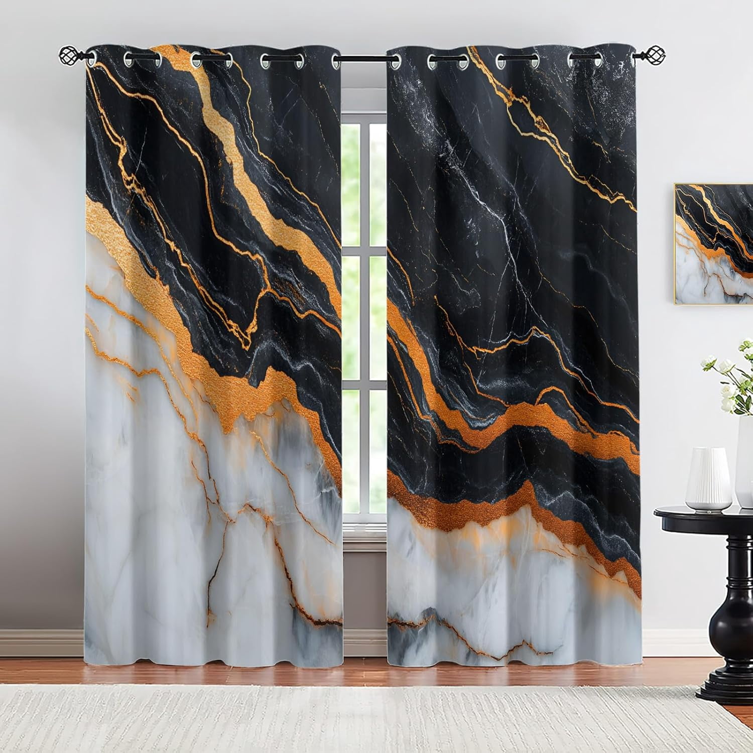 Image showcasing Black Gold Marble Blackout Curtains, Modern Texture Window Drapes for ...