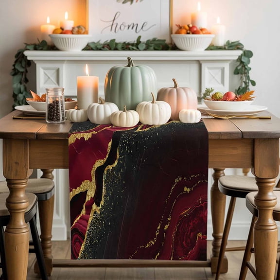 Black Gold Marble Cotton Linen Table Runner, Washable Table Runners for Kitchen, Dining Room, Holiday, Home Party Table Decor, 13x48 Inches