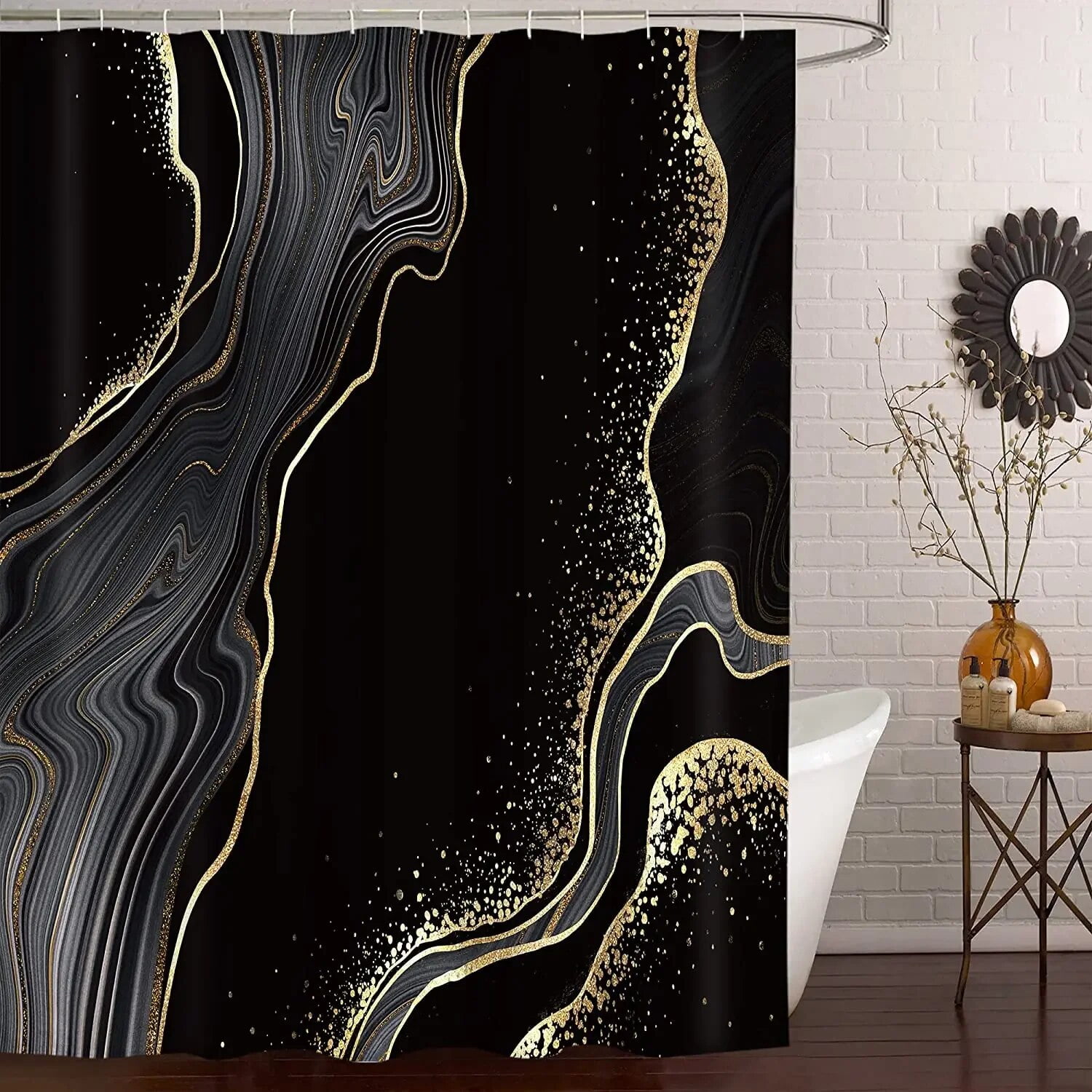Black Gold Marble Crack Bathroom Shower Curtain Luxury AbstractTextured