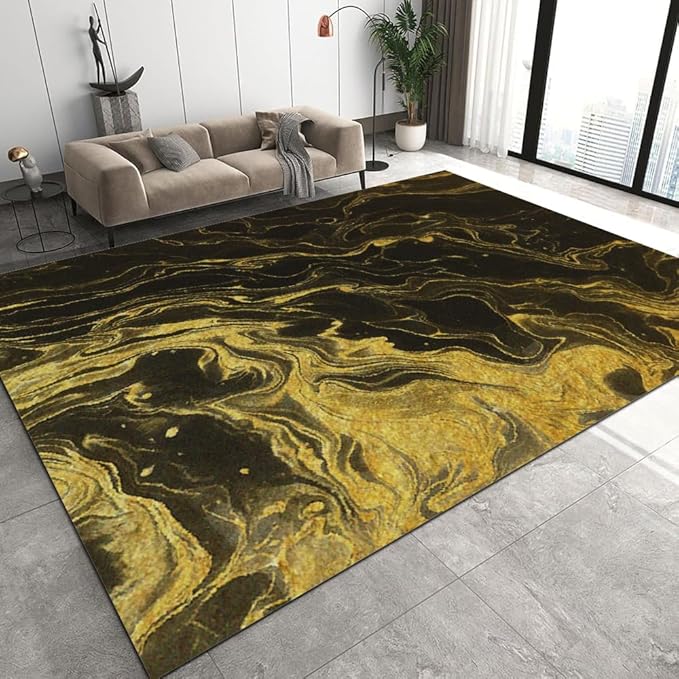 Black Gold Marble Decorative Area Rug, Vintage Modern Abstract Home Rug ...