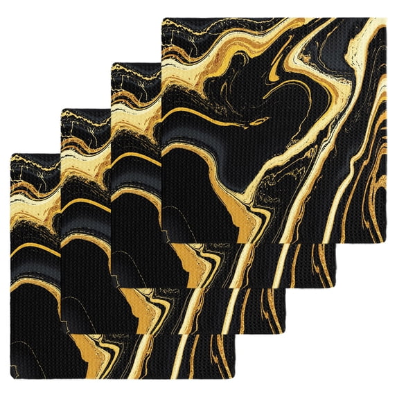 Black Gold Marble Dish Towels Set, Waffle Weave Kitchen Towels 4 Pieces, Modern Geometric Textured Microfiber Hair Face Bath Tea Towel Absorbent Quick Drying Cleaning Dish Cloths, 12"x12"