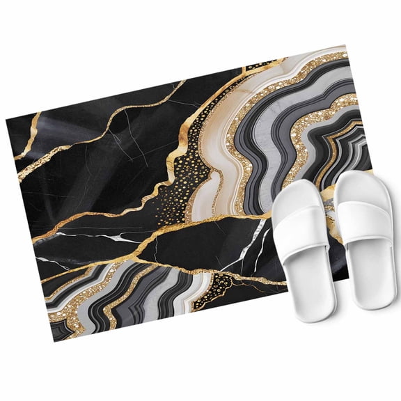 Black Gold Marble Door Mat Glitter Geometric Marble Foil Texture Non Slip Absorbent Entrance Mat Washable Low Profile Indoor Doormat for Front Door Entryway Entry 16"x24"