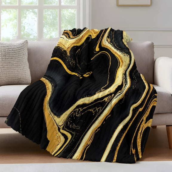 Black Gold Marble Fleece Throw Blanket for Couch, Modern Geometric Textured Microfiber Flannel Blanket for All Season, Lightweight Soft Throw Blankets for Baby, Kids, Pets, 30"x40"