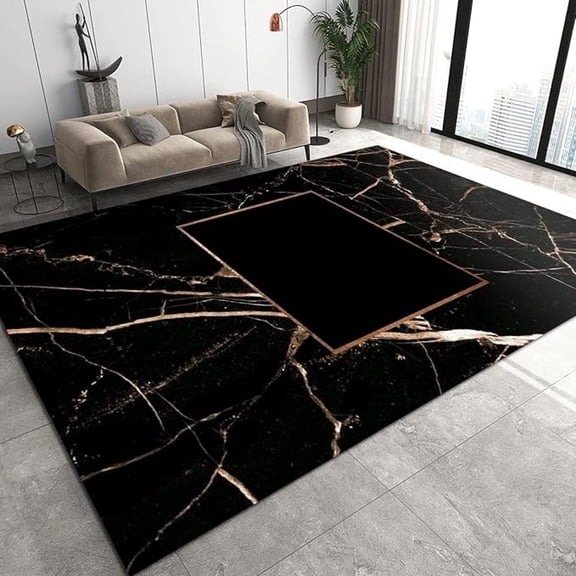 Black Gold Marble Geometric Area Rugs, Black Marble Texture Easy Clean Rug, Soft Non-Skid Carpet Throw Rug For Kids Bedroom Living Room Bathroom Classroom Office 2x3ft