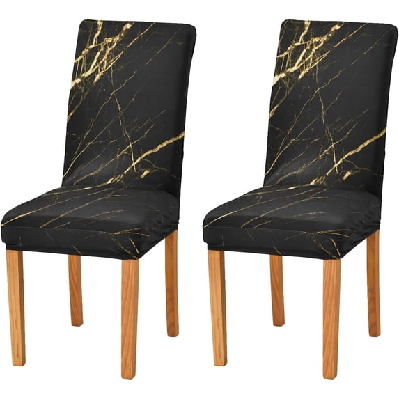 Black Gold Marble Giltter Dining Room Chair Covers Gold Line Stretch Chair Slipcovers Removable Super Fit Kitchen Seat Protector for Wedding Party Hotel Ceremony 4pcs