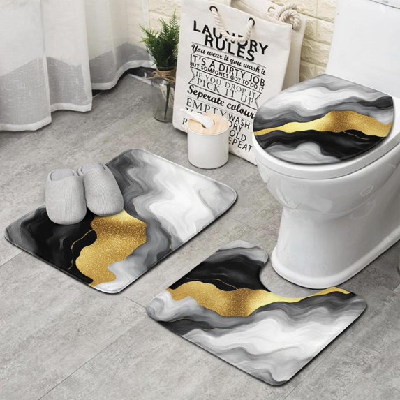 Black and Gold Marble Glitter Streaks Pattern Bathroom Rugs Sets 3 Piece,Toilet Cover Set,Absorbent Non Slip Bathroom Mats Sets with U-Shaped Contour Rug Toilet Rug Set