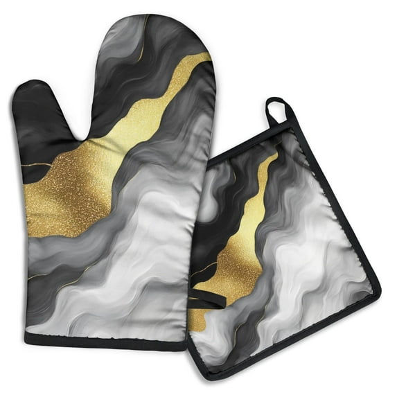 Black and Gold Marble Glitter Streaks Pattern Kitchen Oven Mitt and Pot Holder Sets 4 Pcs for Baking, Cooking and Grilling, Heat Resistant Up To 392 °F
