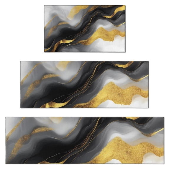 Black and Gold Marble Glitter Streaks Pattern Kitchen Rugs Sets Of 3,Kitchen Runner Rugs Non Skid Washable,Decorative Kitchen Floor Mats for Kitchen,Sink,Laundry,17"x30"+ 17"x47" + 17"x59"