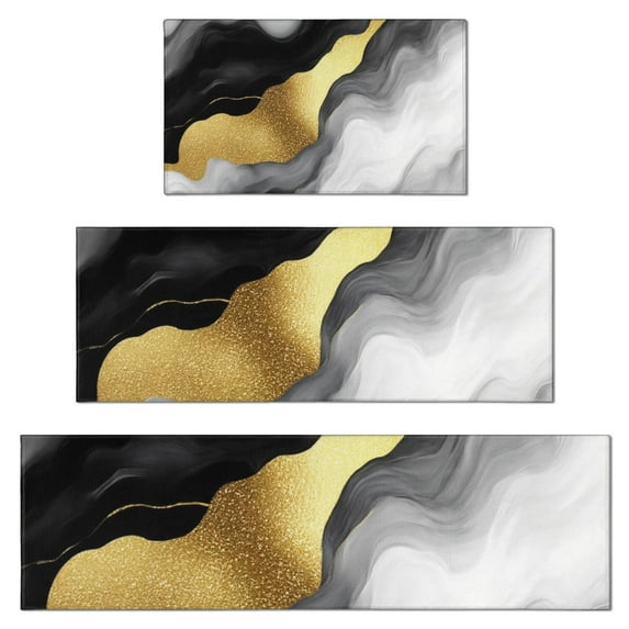 Black and Gold Marble Glitter Streaks Pattern Kitchen Rugs Sets Of 3,Kitchen Runner Rugs Non Skid Washable,Decorative Kitchen Floor Mats for Kitchen,Sink,Laundry,17"x30"+ 17"x47" + 17"x59"