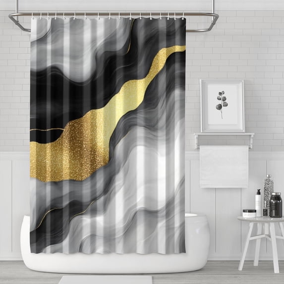 Black and Gold Marble Glitter Streaks Pattern Shower Curtain 72"x72" ,Bathroom Decorative Shower Curtains Set with 12 Hooks,Modern Waterproof Washable Shower Curtain
