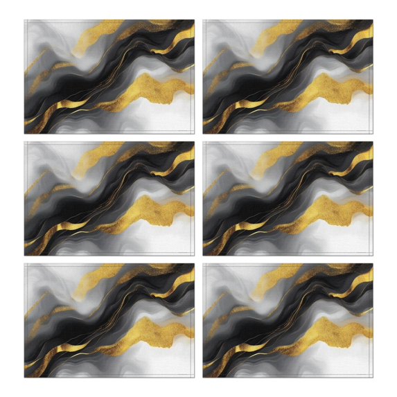 Black and Gold Marble Glitter Streaks Pattern Summer Placemats Table Placemats Set Of 6-Linen Kitchen Washable Placemats Table Mats 11.8"x17.7" Non-Slip Heat Resistant