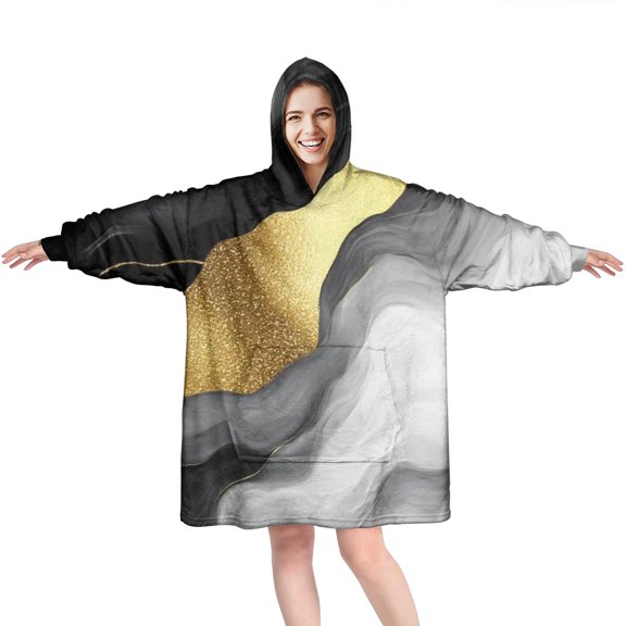 Black and Gold Marble Glitter Streaks Pattern Wearable Oversized Blanket,Wearable Blanket Hoodie for Adults,Cozy Hooded Blankets with Super Pockets,Super Warm Fuzzy Pullover for Women & Men