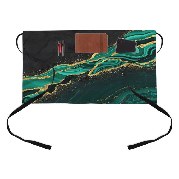 Black Gold Marble Half Waist Apron Green Luxury Modern Abstract Wave Texture Short Waiter Aprons with 3 Pockets for Women Men Kitchen Restaurant Cooking