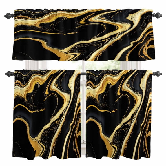 Black Gold Marble Kitchen Curtains Sets for Windows 24 Inch Length, Modern Geometric Textured Rod Pocket Window Treatments Tier Curtains and Valances Set for Bedroom/Bathroom