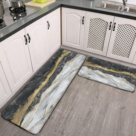 Black Gold Marble Kitchen Floor Mat 2 Pieces Anti Fatigue Cushioned Kitchen Floor Mat Non-Slip Kitchen Mats Set for Home Office Laundry 17 W X 24 L + 17 W X 47 L
