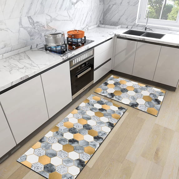 Black and Gold Marble Kitchen Mat Geometric Kitchen Rugs Set of 2 Cushioned Comfort Floor Waterproof Non-Slip Modern Polygons Runner Decor for Office Sink Laundry,17.3" x28" + 17.3" x 47"