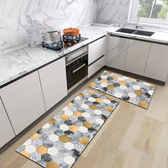 Black and Gold Marble Kitchen Mat Geometric Kitchen Rugs Set of 2 Cushioned Comfort Floor Waterproof Non-Slip Modern Polygons Runner Decor for Office Sink Laundry,17.3" x28" + 17.3" x 47"