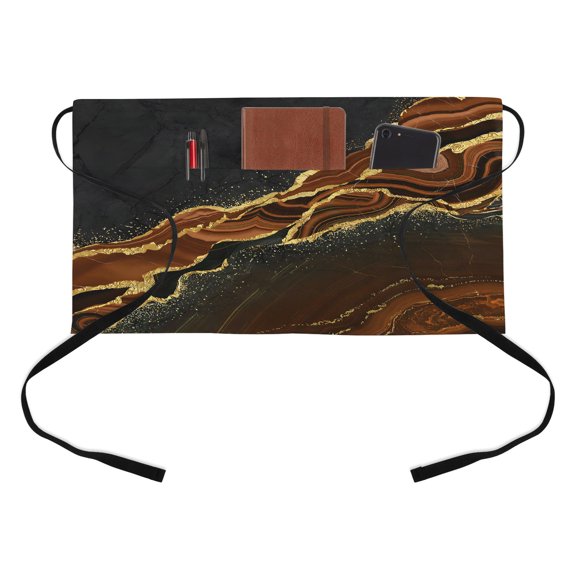 Black Gold Marble Kitchen Restaurant Half Waist Apron, Brown Luxury Modern Abstract Wave Texture Server Short Apron with 3 Pockets Waterproof Oil Waist Aprons for Women Waitress Waiter