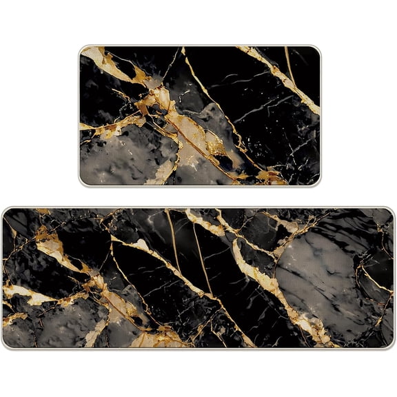 Black Gold Marble Kitchen Rugs Set of 2, Modern Abstract Fluid Art Floor Mats Home Decor, Luxury Stone Door Mat Decorations - 17x29 and 17x47 Inches