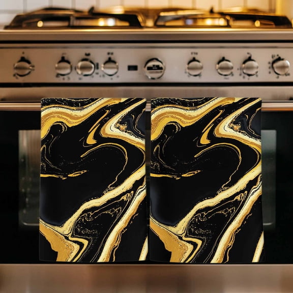 Black Gold Marble Kitchen Towels Set of 1, Modern Geometric Textured Absorbent Dish Towels for Kitchen, Microfiber Hand Towel, Quick Drying Tea Towel for Cleaning Decorative Dishcloths