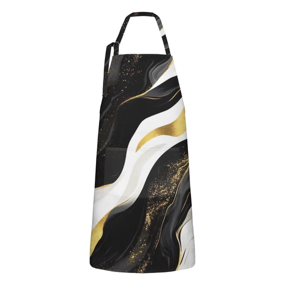 Black and Gold Marble Layered Waves Pattern Apron-Garden Aprons for Women with Pockets-Cotton Linen Waterproof Kitchen Cooking Gardening Aprons Adjustable for Kitchen,Cooking,BBQ and Salon 33x27 Inch